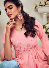Pink Heavy Reyon Embroidered Western Tunic Tops